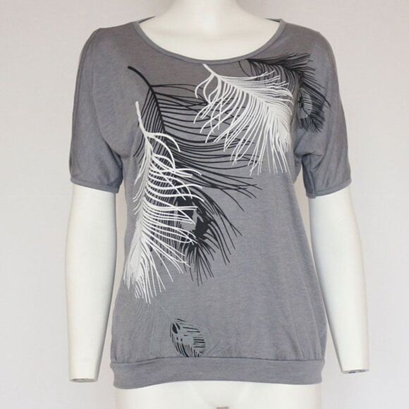 Feather print cool shoulder short sleeve tee - Picture 3 of 6